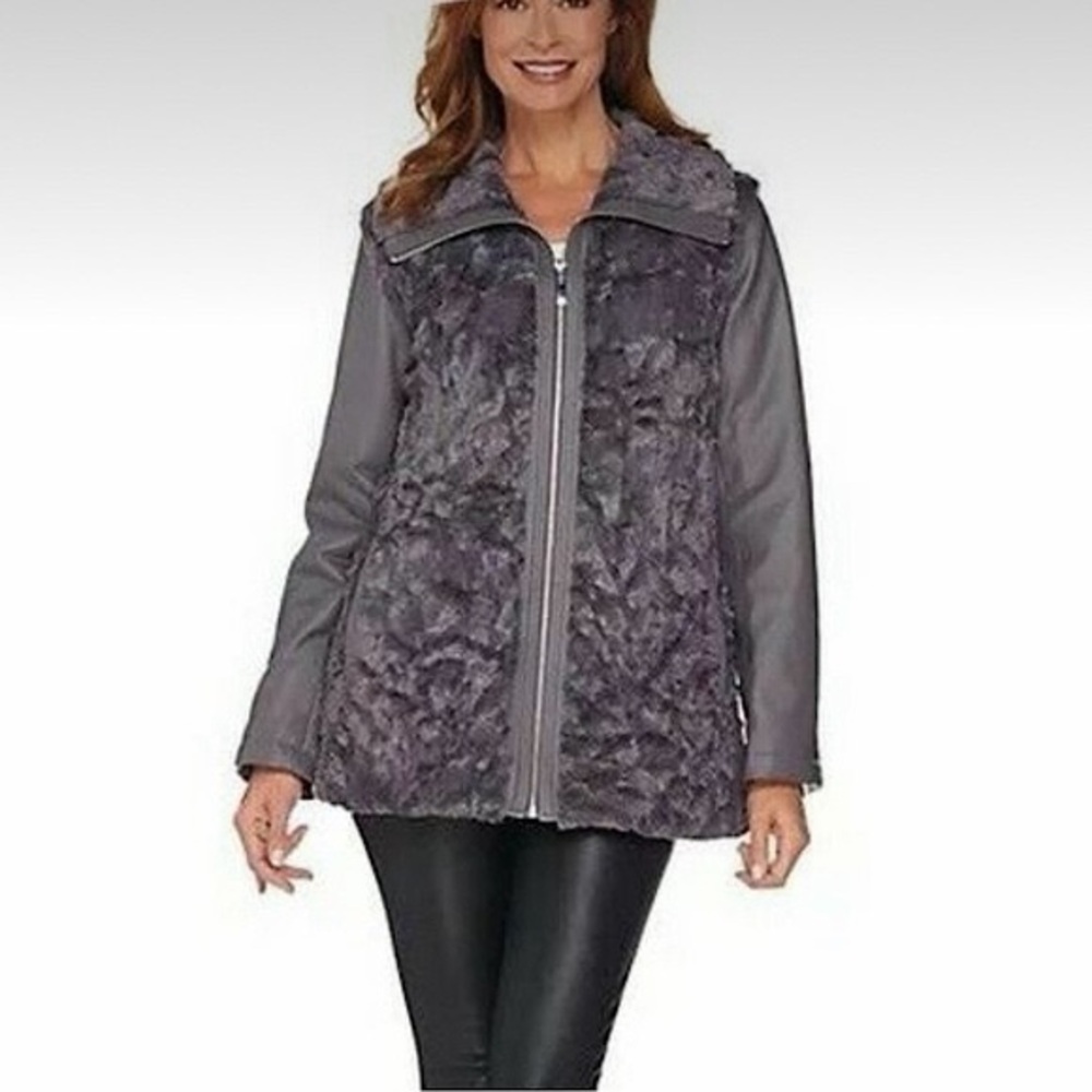 DENNIS by Dennis Basso Sterling Faux Fur Leather Jacket Vest Women’s XS Gray